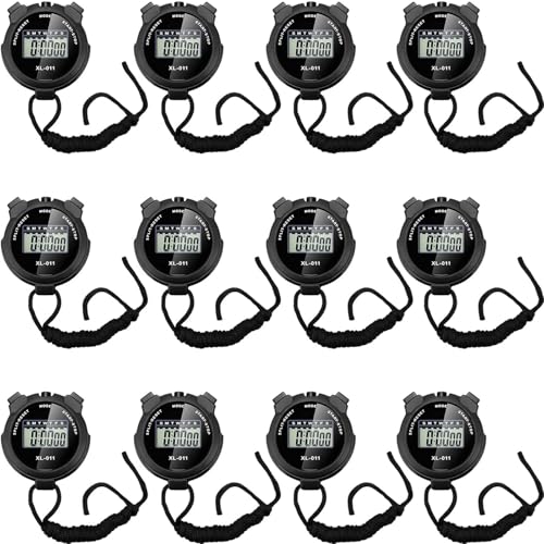 TOODOO 12 Pack Multi Function Digital Stopwatch Timer Bulk Sports Stopwatch with Lanyard Plastic Display Waterproof Date Time Alarm Timer for Coaches Fitness Referees - color: Black