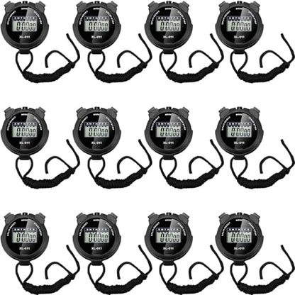 TOODOO 12 Pack Multi Function Digital Stopwatch Timer Bulk Sports Stopwatch with Lanyard Plastic Display Waterproof Date Time Alarm Timer for Coaches Fitness Referees - color: Black