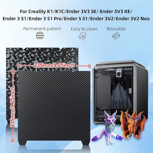 IdeaFormer K1 K1C PEO PET Build Plate with Magnetic Plate 235x235mm, Flexible PEO PET Spring Steel Print Bed for Creality K1/K1 SE/K1C/Ender 3 S1/Pro/Ender 5 S1/Ender 3 V3 SE/Ender 3 V3 KE - color: Diamond PEO+Carbon Fiber PET