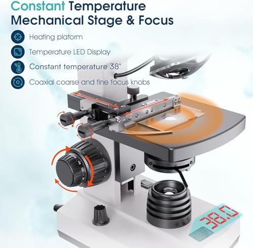 Microscope for Adults with 40X-2500X Magnification, Lab Trinocular Compound Microscope with Thermostat Stage, 7'' LCD Screen, Built-in 5MP Camera for Lab School (Constant Temperature)