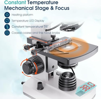 Microscope for Adults with 40X-2500X Magnification, Lab Trinocular Compound Microscope with Thermostat Stage, 7'' LCD Screen, Built-in 5MP Camera for Lab School (Constant Temperature)