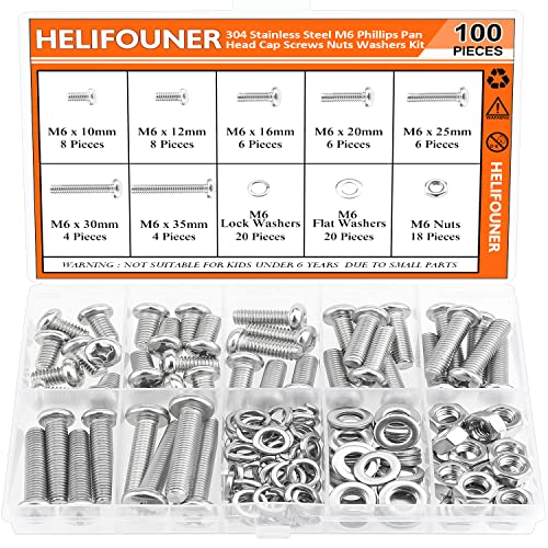 HELIFOUNER 100 Pieces M6 x 10mm /12mm /16mm /20mm /25mm /30mm /35mm, Phillips Pan Head Machine Screws, Metric Screws Bolts Washers Nuts Kit, 304 Stainless Steel - size: M6, style: Phillips Pan Head Machine Screws