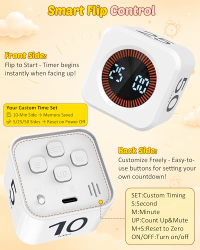 Digital Pomodoro Timer Cube 5/10/25/50min Preset, Silent & Sound Alarm - color: White