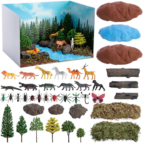 codree 65 Pcs Jungle Diorama Kit Habitat Project Box Set, Cardboard Diorama Box Animals Model Scenery Kit, Animal Figurines Rainforest Diorama Supplies for DIY Crafts Birthday Gifts Party Favor - color: Jungle Style-65pcs