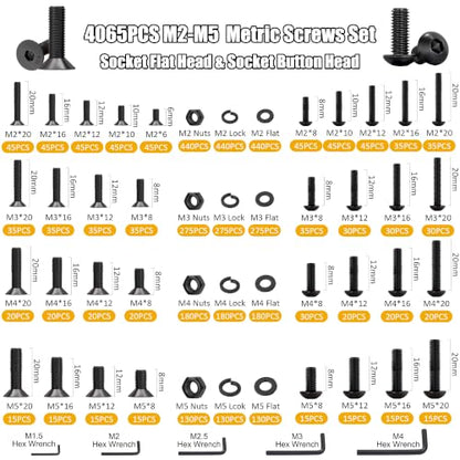 ZTF 4065pcs Metric Screw Assortment Kit，M2 M3 M4 M5 Assorted Screws - size: Flat+Button Head 4005Pcs