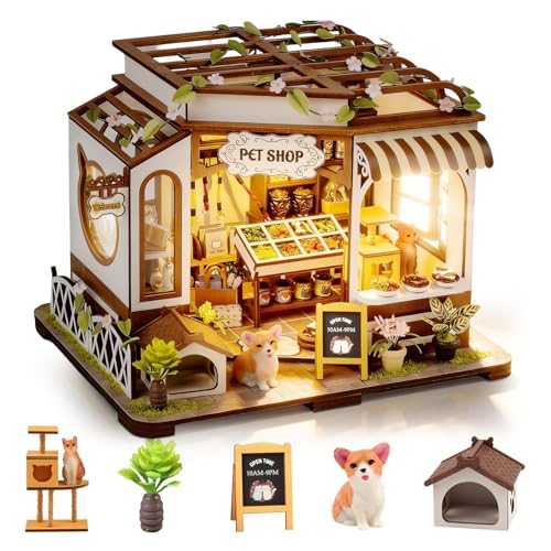 DIY Miniature House Kit, Pet Shop Book Nook Kit with LED Light, 3D Wooden Puzzle Bookshelf Decor Mini Model Building Kit, Birthday Gifts for Family & Friends - color: Pet Shop