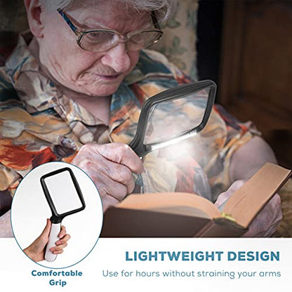 Folding Handheld Magnifying Glass with Light, 5X Large Rectangle Reading Magnifier with Dimmable LED for Seniors with Macular Degeneration, Newspaper, Books, Small Print, Lighted Gift for Low Visions - color: Black White