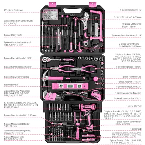 Pink Tool Kit Box Drill Set：DEKOPRO Home Mechanic Toolbox with 12V Power Cordless Drill Hand Repair Tools Sets Combo Kits Storage Organizer Drawer Case for Men & Women - color: Pink