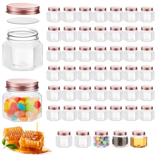 Dandat 50 Pcs 3 oz Hexagon Plastic Jars with Lids Mini Small Wide Mouth Honey Jars for Party Wedding Favors, Baby Shower, DIY Gift, Spice, Jelly, Herb, Jams, Candy(Rose Gold) - color: Rose Gold