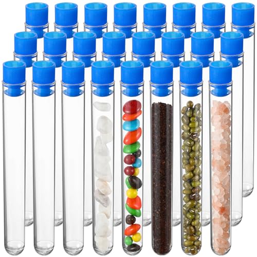 24 Pake 8 ml Clear Test Tubes with Caps 12x100mm Plastic Vials Test Tubes for Scientific Experiments Halloween Christmas Scientific Themed Birthday Party Supplies Candy Storage (Blue) - color: Blue