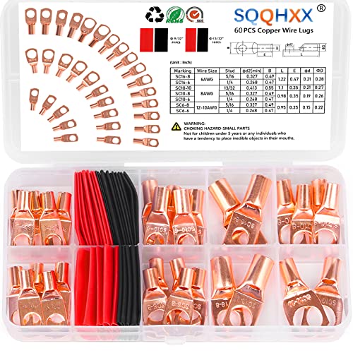 60Pcs Copper Wire Lugs, Battery Cable Ends AWG 4 6 8 10 12 Gauge Wire Connectors with Heat Shrink Set, Ring Terminals Connectors Battery Cable Lugs Battery Lugs with 30Pcs Heat Shrink Tubing Kit - size: 60PCS