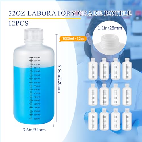 Tatuo 12 Pcs 32oz 1000ml Plastic Sample Bottles with Screw Cap, Liquid Containers with Lid for Lab Reagent Sample Medicine Pill Water Storage, Travel Bottles(Translucent,Narrow Mouth-Dark Scale) - color: Translucent, size: 32 oz 1000 ml, style: Narrow Mou