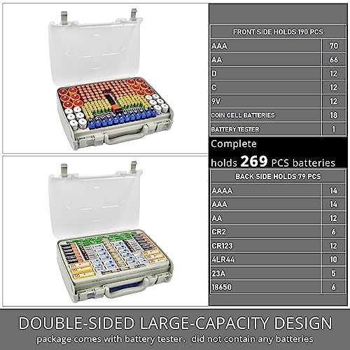 Battery Organizer Storage Case with Tester for 269 Batteries, Double Sides - color: White