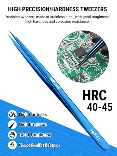 Precision Tweezers, Stainless Steel Fine-Pointed Tweezers for Electronics, Crafts, Soldering, PCB Rework, Repair, Laboratory Work, and Jewelry-Making Tweezers #HST-11
