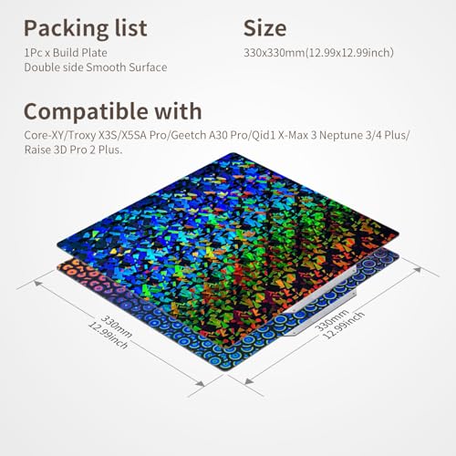 330x330mm Double-Sides Smooth Neptune 3 Plus/4 Plus Build Plate Spring Steel PEK+PEC Sheet for Qid1 X Max 3/A30/ A30 Pro,Tronxy X3S/X5S Pro,Flsn Core-XY/Raise MAX3 Pro 2/Pro 2 Plus 3D Printer - size: 330x300mm