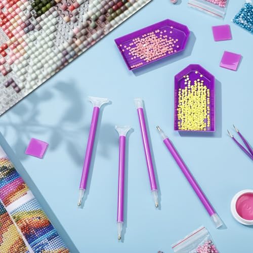Affrolling 90 Pcs Diamond Art Tools, Drill Pens Trays Glue Clay - color: Purple