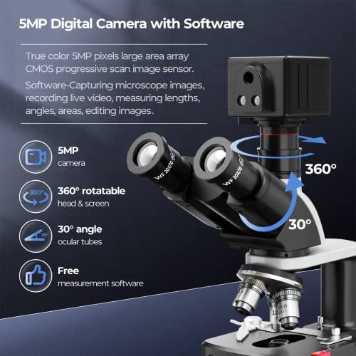 [Dual Power Supply] Vabiooth Lab Compound 5MP Camera Trinocular Microscopes 40X-2500X Magnification with Free Software-Capturing Image, Recording Video, Measuring Lengths, Ultra Wide-Field Eyepieces - style: 5MP Camera Trinocular