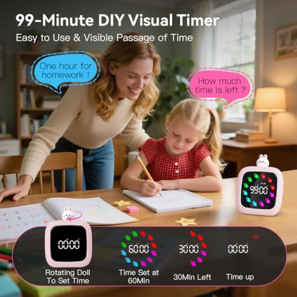 Yunbaoit Digital Visual Timer for Kids, 99-Minute Countdown, Rechargeable - color: Rabbit Doll-pink
