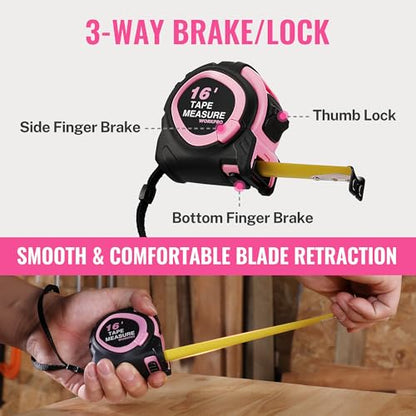WORKPRO 16-FT Tape Measure with Fractions, 3 Brakes Retractable Measuring Tape, Compact Measurement Tape with Magnetic Hook, Nylon Coating Blade Accuracy 1/32”, Pink - size: 16-FT