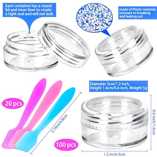 100 Pcs 5g Empty Plastic Containers with Clear Lids,Mini Makeup Sample Containers, Small Sample Pot Jars Round Cosmetic Jars with Mini Spatulas for Liquid Sample Powder Creams Lotions - color: Clear, size: 100PCS