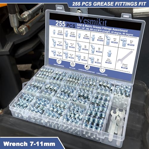 255PCS Grease Fittings Assortment,SAE & Metric Grease Zerk Fittings