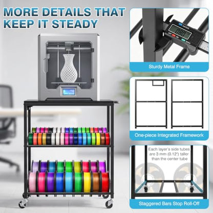 IRONWALLS 3D Printer Stand with Filament Storage & Power Outlet, 3-Tier - color: Black