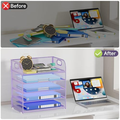5-Tier Stackable Paper Organizer with Handle, Purple - color: Purple, size: 12.6" x 9.1" x 13.4"