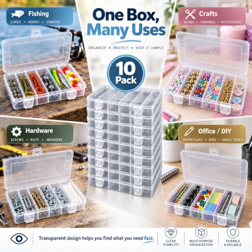 10 Pcs Small Tackle Box, Clear Tackle Box Organizer, 8.2 x 4.6 x 1.3 in Transparent Plastic Storage Cases for Fishing Gear, Beads, Screws and Crafts
