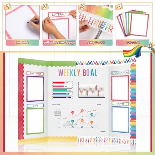 Fuyoooo 90 Pcs Science Fair Board Supplies 60 Trim Scalloped Bulletin Board Borders 24 Presentation Board Subtitles 6 Science Fair Titles for Classroom Display Boards (Watercolor) - style: Watercolor