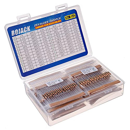 BOJACK 1000 Pcs 25 Values Resistor Kit 1 Ohm-1M Ohm with 5% 1/2W Carbon Film Resistors Assortment - size: 1/2 W