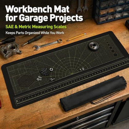 43x16 Inch Durable Workbench Mat, Foldable Rubber Pad with SAE & Metric Measuring Scales, Lightweight Portable Mat with Carry Bag for DIY, Carpentry & Repair Projects (Version 2)