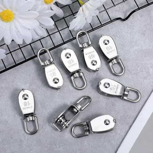 16 Pack M15 Small Rope Pulleys 304 Stainless Steel Wire Rope Cable Pulley Wheel Heavy Duty Clothes Line Swivel Pulley Hanging Wire Towing Wheel for Lifting