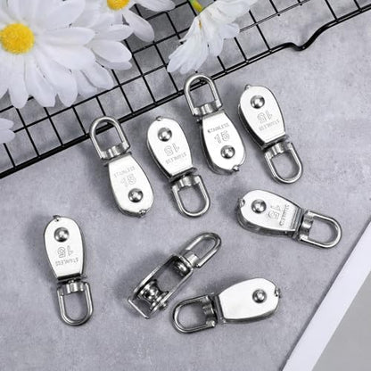 16 Pack M15 Small Rope Pulleys 304 Stainless Steel Wire Rope Cable Pulley Wheel Heavy Duty Clothes Line Swivel Pulley Hanging Wire Towing Wheel for Lifting
