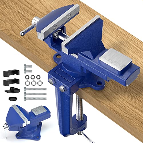 2-in-1 Bench Vise For Workbench 3.2"- Multi-functional Portable 360° Swivel Base Bench Clamp On Vice/Table Vise For Woodworking, Cutting Conduit, Drilling, Metalworking, Blue - style: 3'' Blue 2in1