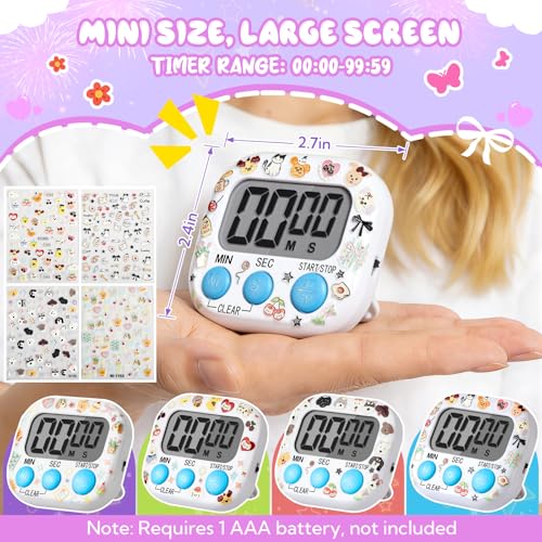 24 Pcs Multi-Function Electronic Timer Small Digital Kitchen Timer Digital Timer with Stickers Magnetic Back for Cooking Classroom Study Gym with Countdown/Up Mode,White