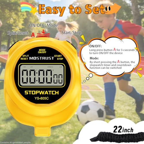 Digital Simple Stopwatch Timer, Single Lap Countdown Timer with On/Off, AAA Battery (Included) for Kids Students Coaches, Yellow - color: Yellow