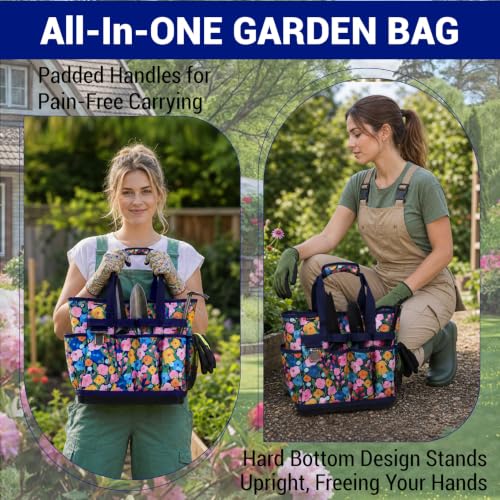 MELOTOUGH 12-Pocket Garden Tool Bag with Hard Bottom, Gardening Tote, Blue - color: Blue Flower