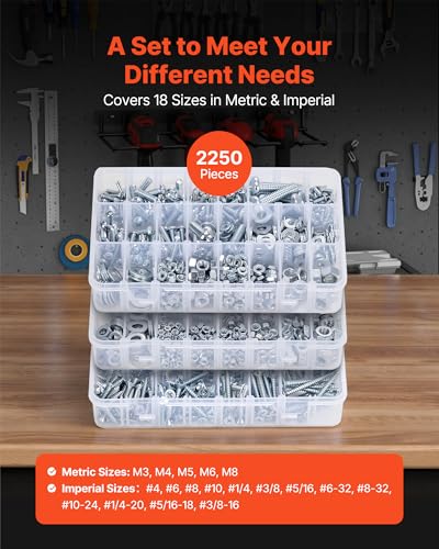 VEVOR 2250 Pcs Bolts and Nuts Assortment Kit, Metric + Imperial Machine Screws and Flat Washers, Alloy Steel M3/M4/M5/M6/M8 Multiple Size, for Equipment/Vehicle Assembly,Galvanized White - size: 2,250 PCS - Metric & Imperial