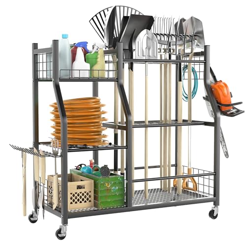 TORACK Garden Tool Organizer with Wheels, Rakes Shovels Yard Tools Stand - style: Tool Stand with Extra Shelves