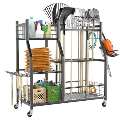 TORACK Garden Tool Organizer with Wheels, Rakes Shovels Yard Tools Stand - style: Tool Stand with Extra Shelves