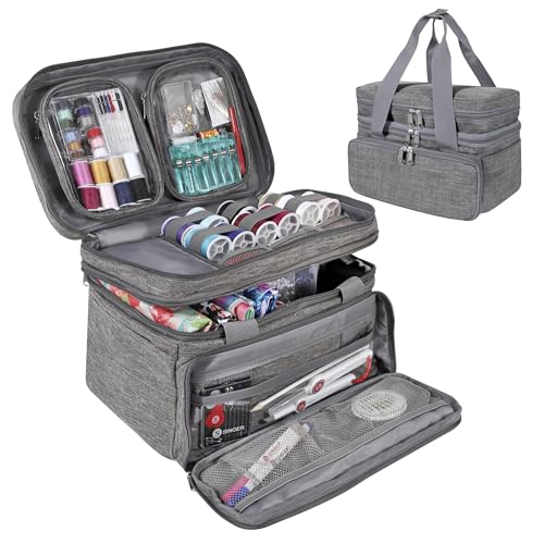 SINGER Sewing Accessories Organizer (Bag Only) – Double Layer Portable Sewing Storage Bag | 2 Detachable Pouches and 18 Compartments, Large Sewing Supplies & Crafting Carry-all (Gray) - color: Gray