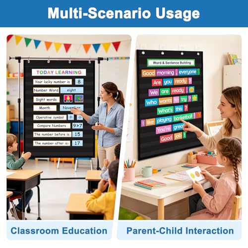 AUVCAS 10-Pocket Standard Pocket Chart for Homeschool & Classroom, Black - color: Black-2, size: 43"L x 28"W