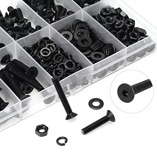 HELIFOUNER 380 Pieces M4 x 6mm /8mm /10mm /12mm /16mm /20mm /25mm, Countersunk Head Socket Cap Screws Bolts Washers Nuts Kit, 10.9 Grade Alloy Steel, Full Threaded, Black - size: M4, style: Countersunk Head