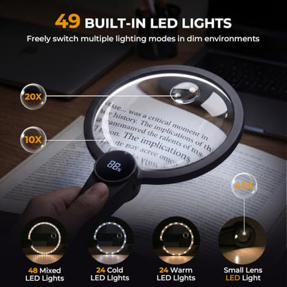 Magnifying Glass with Light, 10X 20X 45X Lighted Magnifying Glass(Black) - color: Black