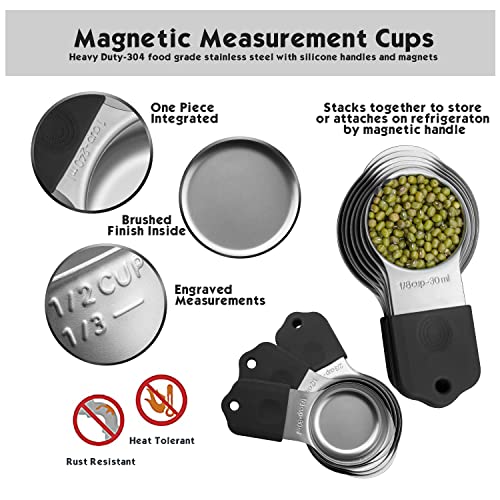 Magnetic Measuring Cups Set, 7 Pieces 18/8 Stainless Steel Stackable Nesting Heavy Duty Metal Measure Cups, Silicone Handle kitchen Tools for Dry and Liquid Ingredients, Dishwasher Safe (Black） - color: Black-7