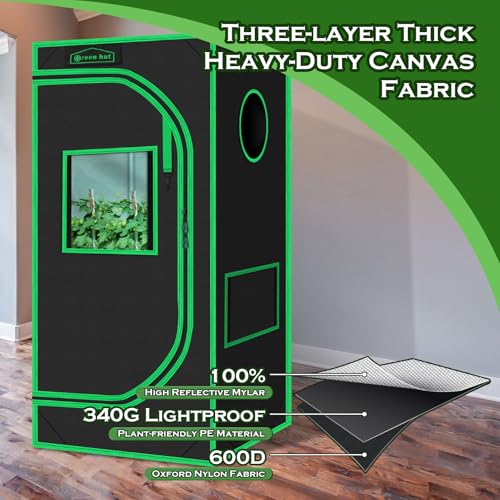 2x2 Green Hut Grow Tent 24"x24"x48" 600D Mylar Hydroponic Grow Tents - size: 24"x24"x48"