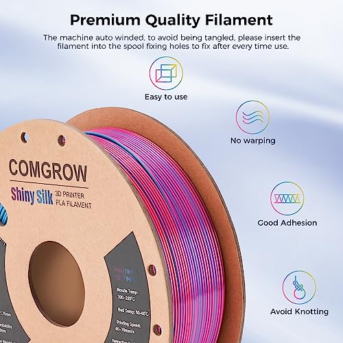 Comgrow Tri-Colors Silk PLA 3D Printer Filament, Rainbow PLA Filament 1.75mm, Dimensional Accuracy +/- 0.02 mm, 1KG Spool, Coextrusion 3D Filament with Shiny Silk Red-Blue-Yellow - color: Red & Blue & Yellow