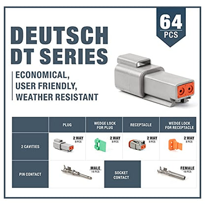 IWISS 2 Pin Way Deutsch DT Gray Connector Assortment(8 Pairs), Size 16 Stamped Contacts, Auto Electrical Wiring Connectors - size: 2PIN(8 Pair)