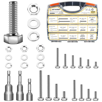 Mywish 410PCS Stainless Steel Hex Head Nuts and Bolts Assortment Kit, 1/4-20 5/16-18 3/8-16, Assorted Screws, Washers, Bright Finish - size: 410 Pcs Mixed Size Kit - Bright
