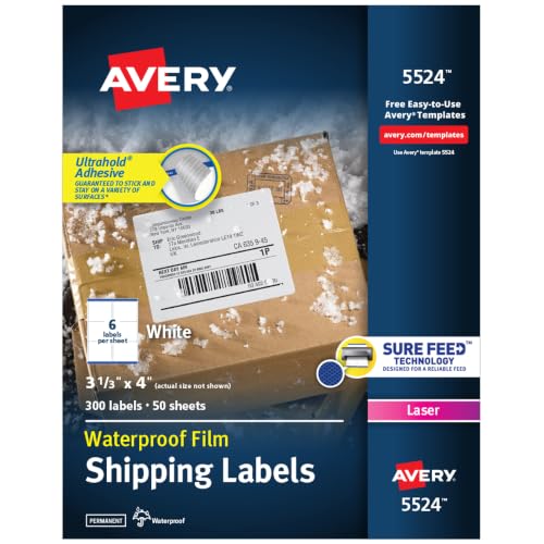 Avery Durable Waterproof Shipping Labels with Sure Feed Technology, 3-1/3" x 4", White, Laser Compatible, 300 Blank Labels Total, Great for Mailing, Branding, and More (5524) - size: 3-1/3" x 4" (Pack of 1), style: 300 labels